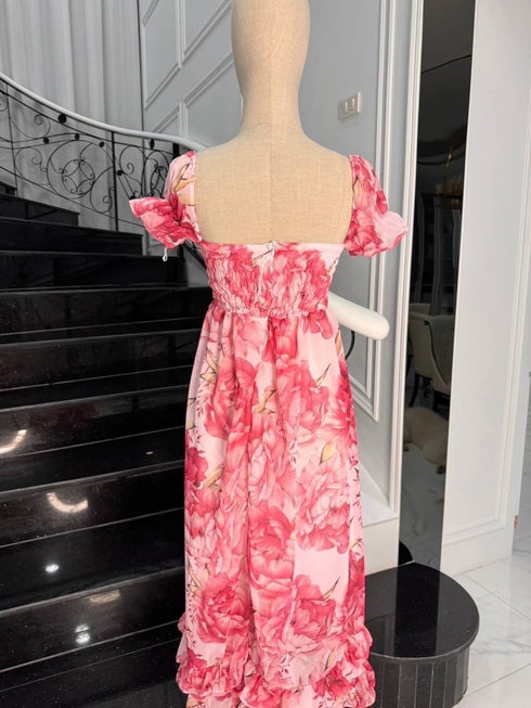 Floral Print Deep Square Neckline Sleeveless Lace Tie Up Dresses